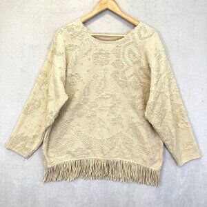 Lagenlook Popcorn Knit Top Womens L XL Fringe Boho Boxy Floral Earthy Beige RARE
